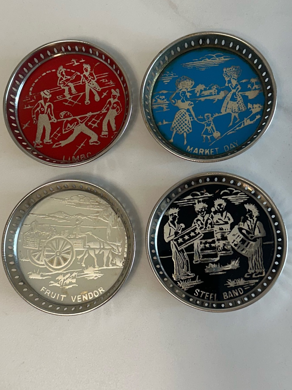 Vintage Round Metal Aluminum Barware Coasters - Caribbean Themed